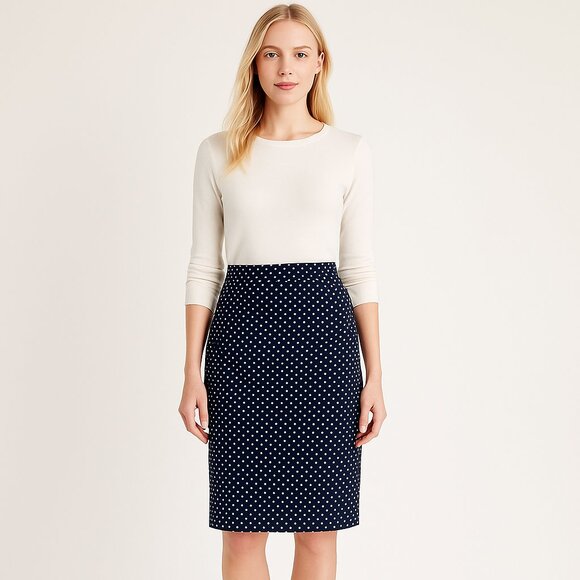 J.Crew No. 2 Pencil Skirt Navy Blue & White Polka Dot Classic Office Work Size 6 - Picture 1 of 8